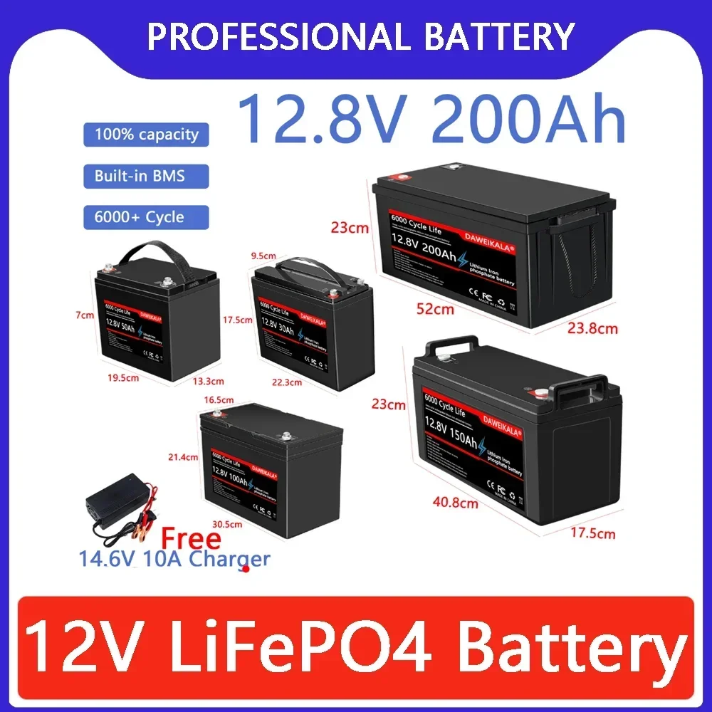 

2025 New 12V LiFePO4 Battery 200Ah DeepCycle Rechargeable Battery With BMS For Camping Batteries golf cart Solar Storage boat