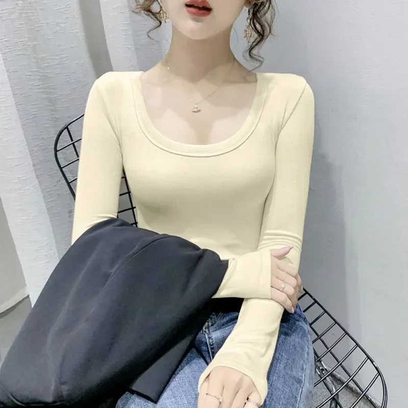 Long Women's Shirt With Cotton U-neck Color Thermal Slim Underwear Solid Base Winter Neck Top T-shirt Body Sleeve Thread Low