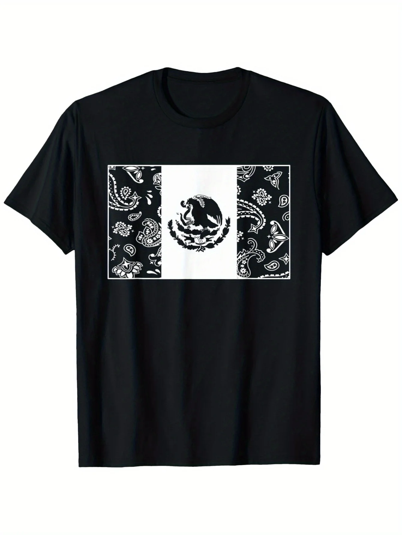 

Футболка из 100% хлопка с мексиканским флагом и дизайном банданы с узором пейсли — повседневная футболка с круглым вырезом и коротким рукавом черного цвета