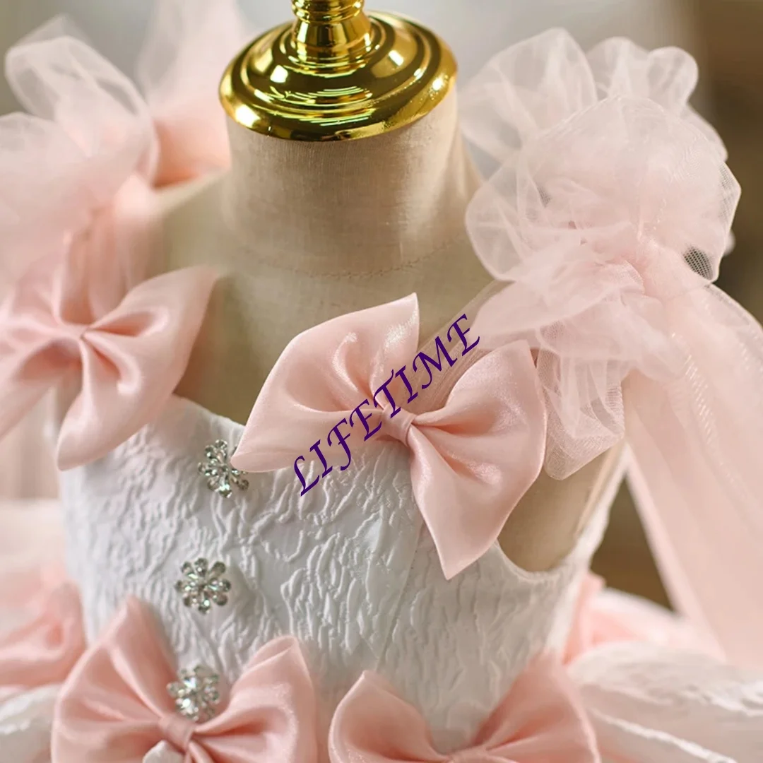 تخصيص الوردي زهرة فتاة اللباس أكمام الانحناء طول الركبة الأميرة الاطفال الزفاف 1st عيد ميلاد حزب مهرجان ثوب رسمي #5