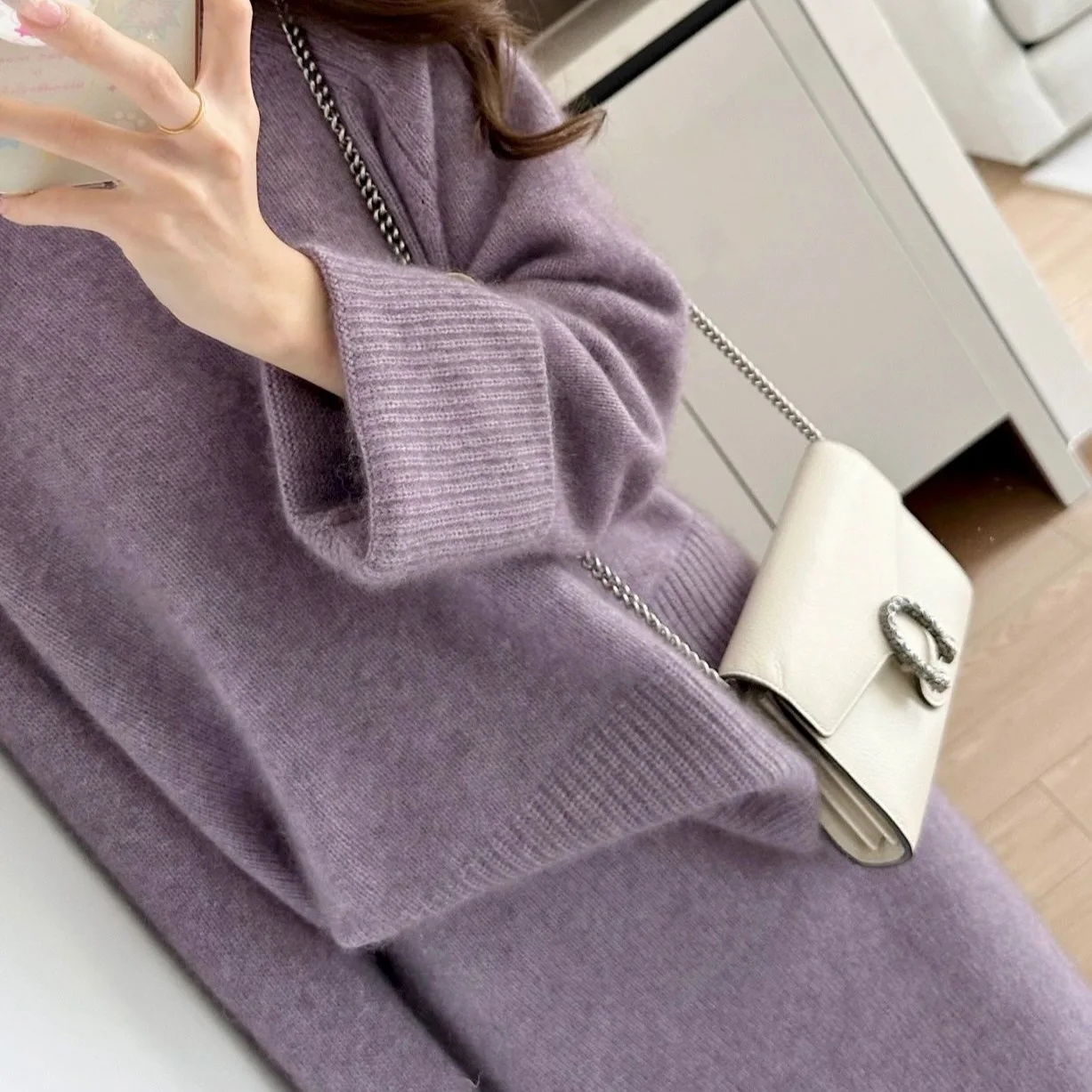 Fashion Sweater Knitted Skirt Two-piece Set 2025 Autumn New Item Purple Pullover Sweater Knitted Set Women's Solid Color Versati