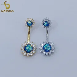G23titan Double Side Blue Opal CZ Flower Belly Button Ring 14G Surgical Titanium Barbell Navel Ombligo Piercing Women Jewelry