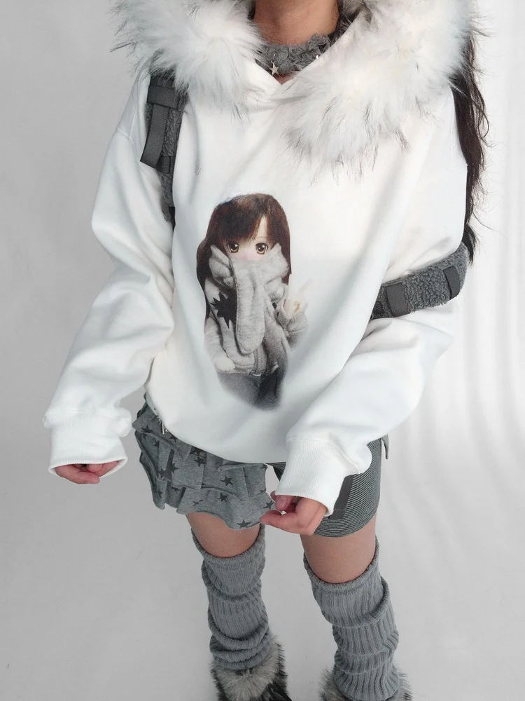 

Innood Thiened Hooded Sweatirt with Fur Collar Removable Digital Printing Fce Ladies Casual Winter Long Sve Top