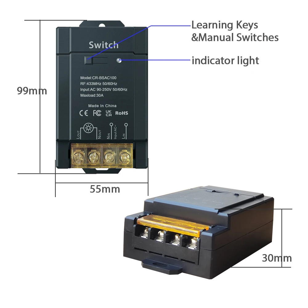 RF433 Remote Control Switch Wireless Switch DIY Device Wide Voltage AC 90-250 V High-power 30A Lighting Processing and Pumping