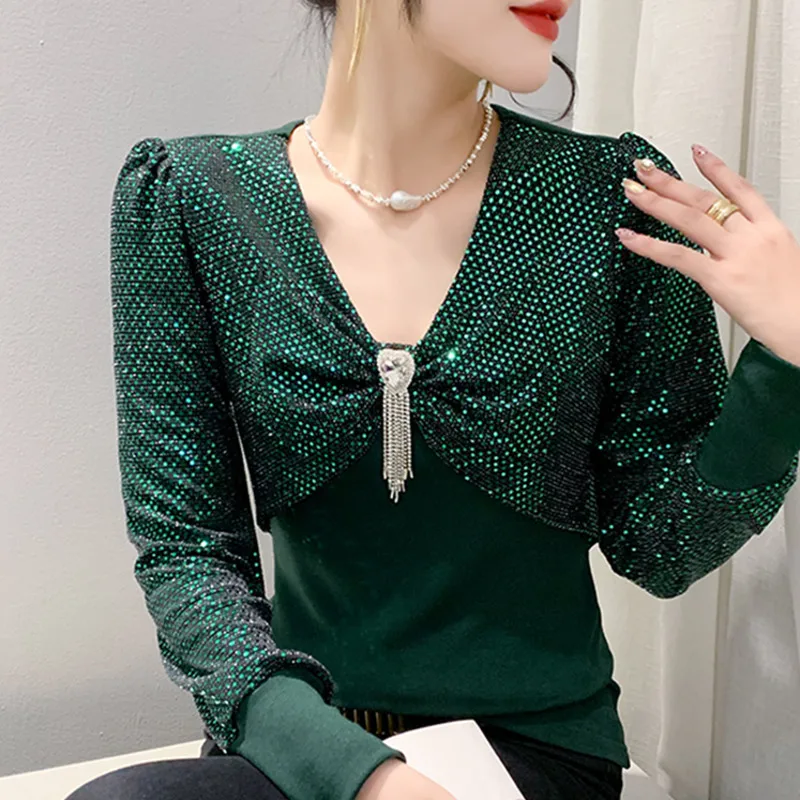 

#8862 Black Purple Green Shinny Sequined T Shirt Women V-neck Split Joint Long Sleeve T Shirt Sexy Club Streetwear Tee Elastic