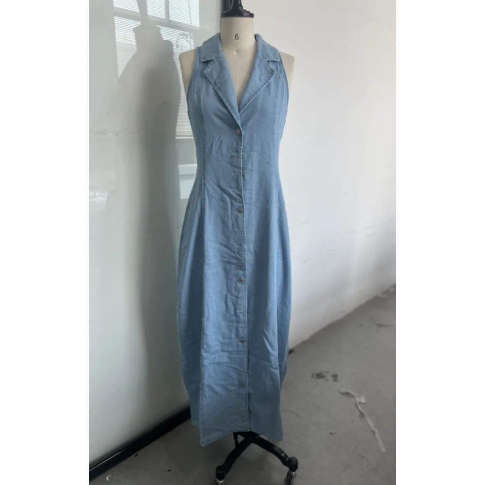 Modna sukienka koszulowa, jednorzędowa, bez rękawów, z klapami, długa sukienka damska, dopasowana, z wysokim stanem, sukienki na imprezę, sukienki biurowe dla kobiet, designerskie.