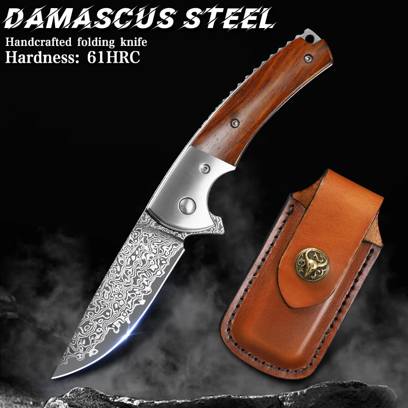 

Damascus steel pocket knife, men's EDC folding knife, suitable for outdoor camping and adventure as a compact carry-along blade.