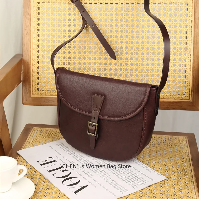 

2025 Spring New Fashionable Soft Leather Crossbody Bag Women's Versatile Wide Shoulder Strap Half-round Saddle Bag Shoulder