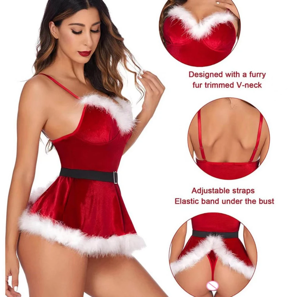 

Christmas sexy women's underwear adult sexy suspender backless dress made red flannel sexy tempting Christmas party uniform