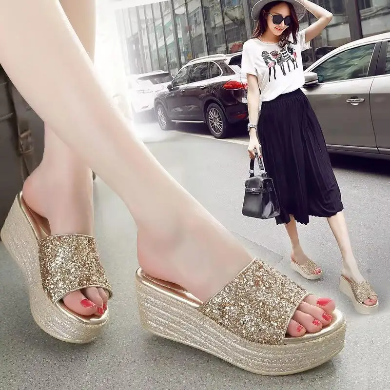 Female Casual Slingbacks Sandals Glitter PU Wedge Platform Comfortable Sandals for Women Summer Sandalias De Mujer 35-40