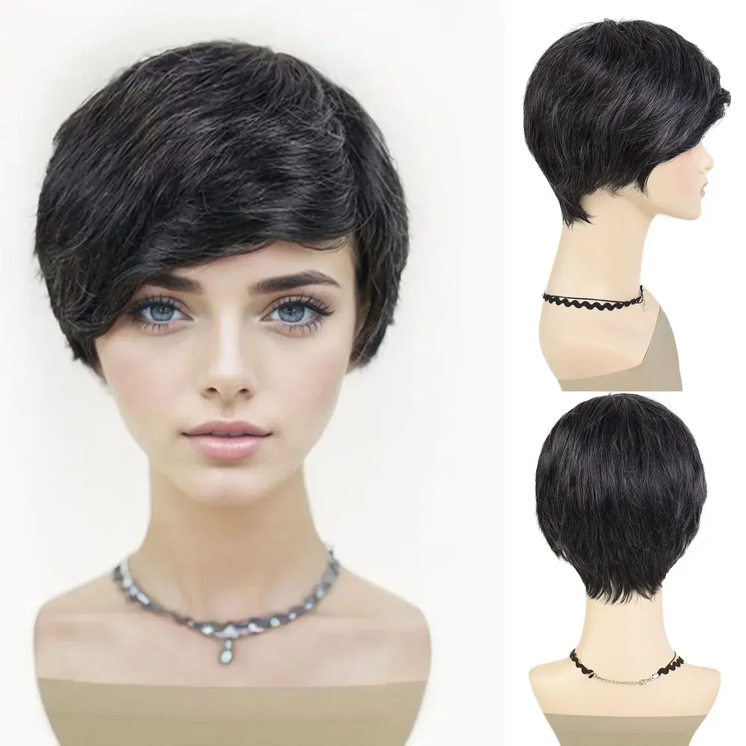 

Synthetic Hair Short Black Wigs for Women Lady Natural Hairstyle Casual Wig Black Mixed White Color Fashion Full Wig with Bangs