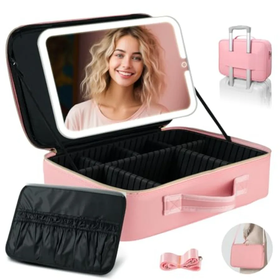 

15''X11'' Large Makeup Bag with Removable Lighted Mirror Professional Travel Makeup Train Case PU Leather Cosmetic Make up Orga