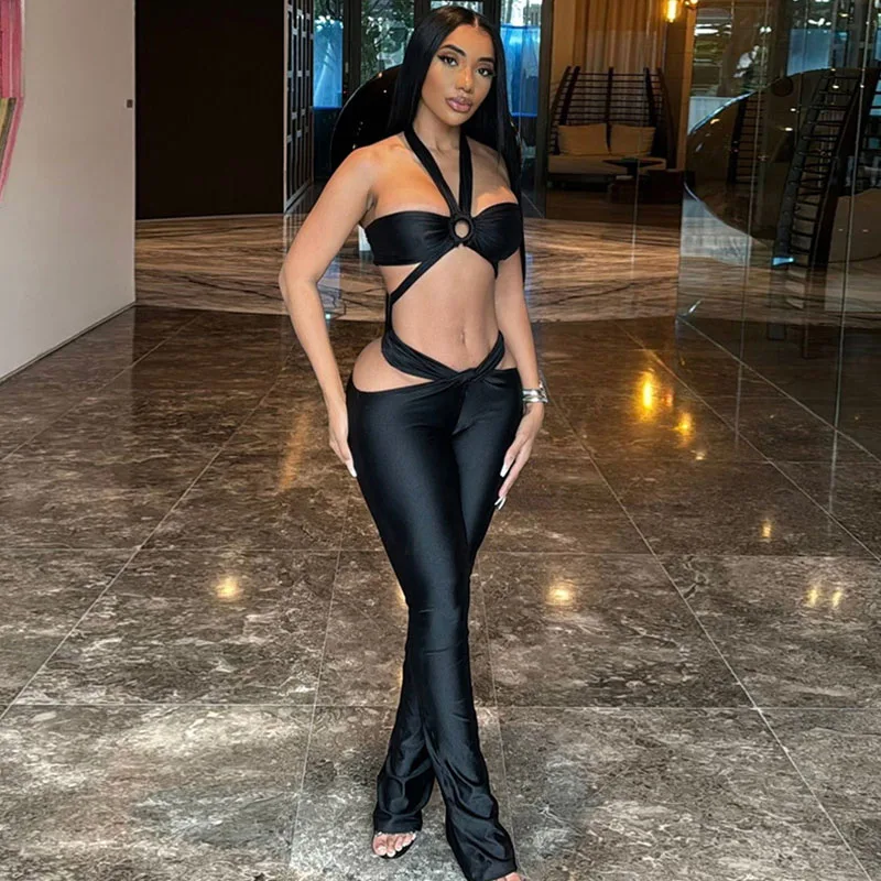 

Sexy Hollow Out Night Party Two Piece Set Women Outfit Clubwear Birthday Halter Ruched Backless Crop Top and Pants Matching Sets
