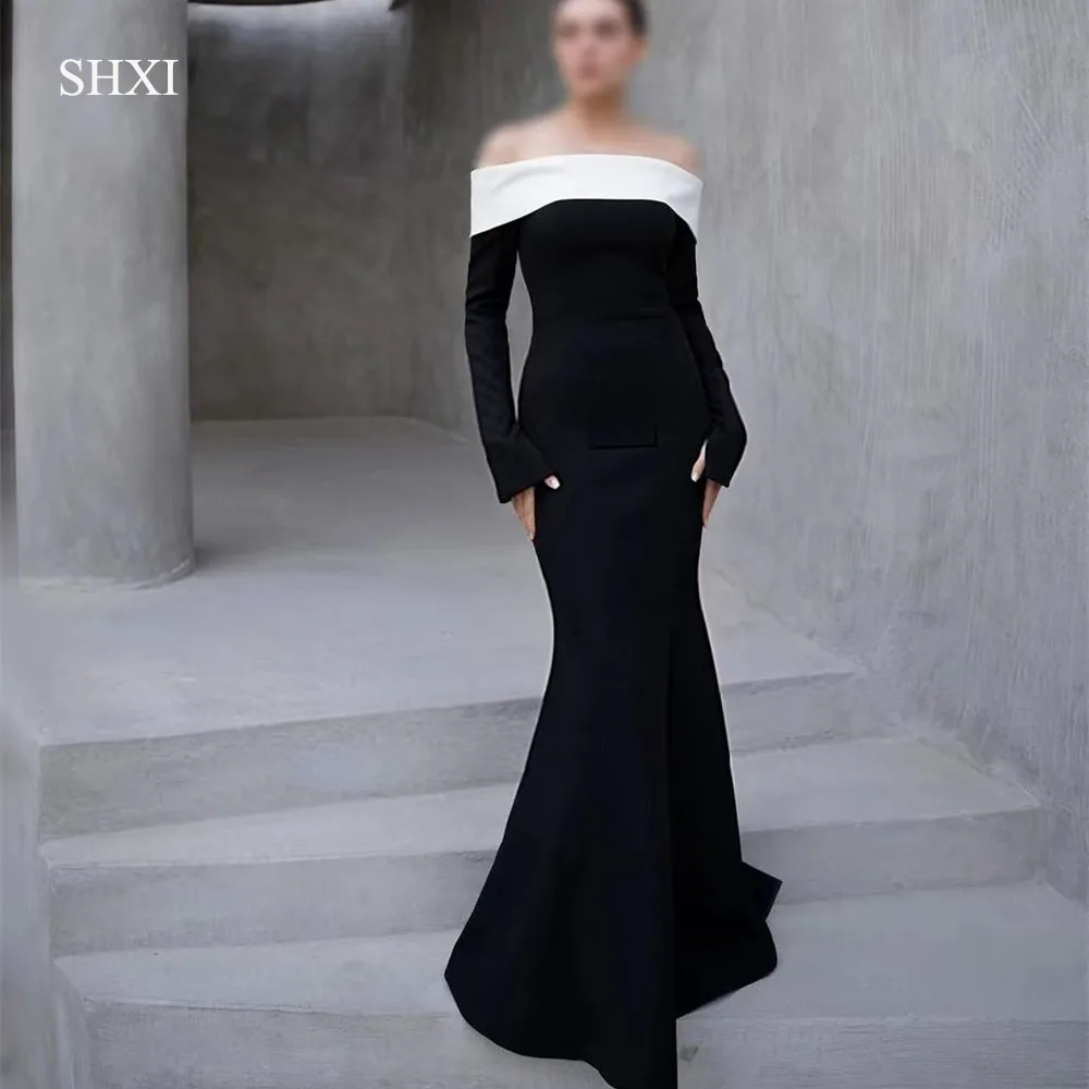 

SHXI Elegant Off Shoulder Evening Dresses Long Sleeves Black Saudi Arabic Formal Party Gown Mermaid vestidos de festa Customized