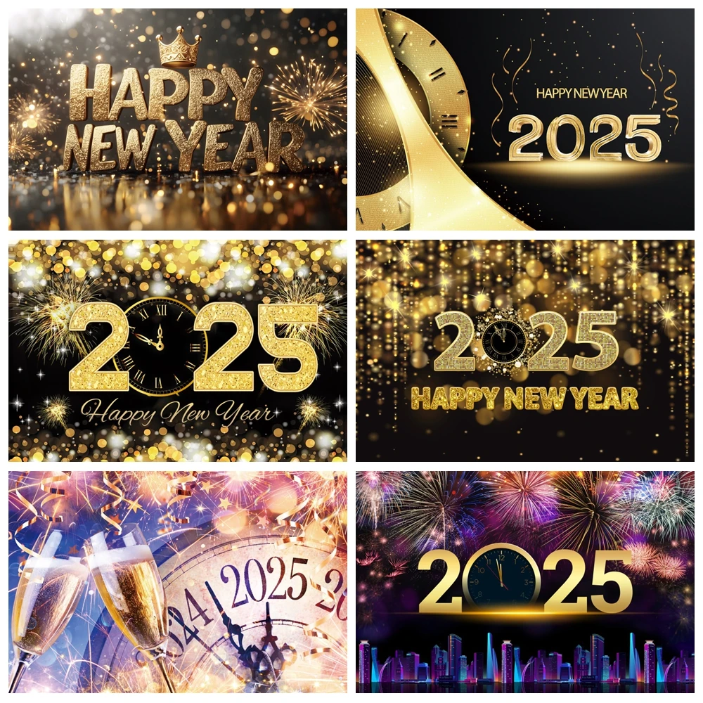 

2025 Happy New Year Backdrop Christmas Clock Fireworks Celebrate Party New Year's Eve Family Decor Photography Background Props