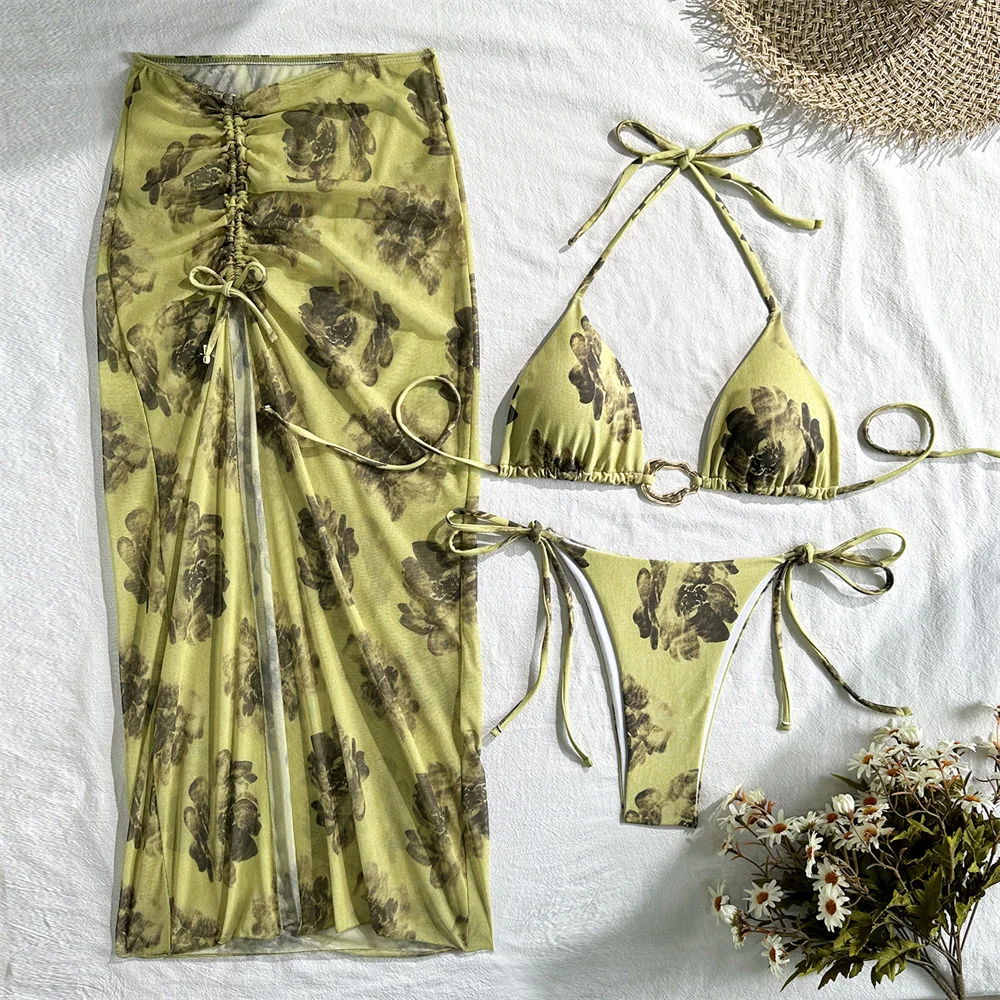 

Vintage Elegant Print Bikini Tie Dye Floral Swimsuit Drawstring Mesh Beach Skirt Outfit Women Backless Lace Up Vacation Swimwear