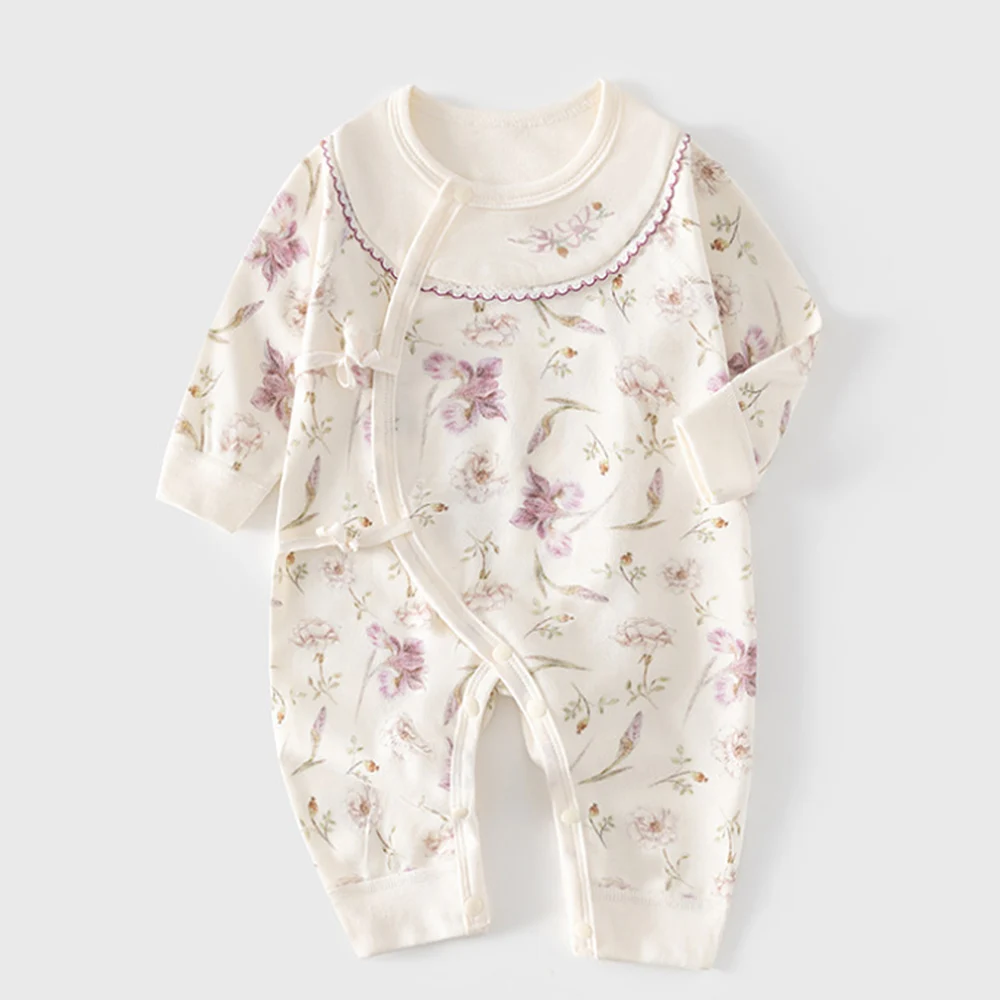 

Комбинезоны для маленьких девочек, хлопковая одежда с длинными рукавами и цветочным принтом для новорожденных, весна-осень, больничный комбинезон для маленьких девочек 0-6 месяцев