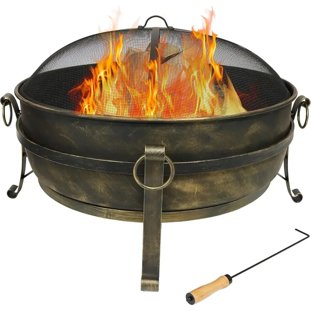 Large 34-Inch Outdoor Wood-Burning Fire Pit with Spark Screen, Log Poker, and Grate