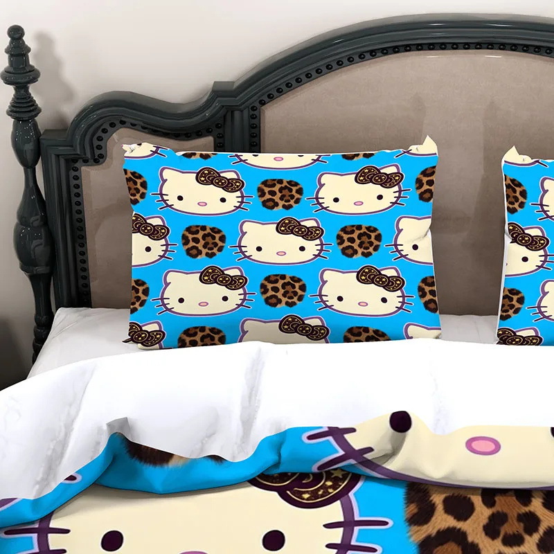 Vibrant Blue Hello Kitty 3 Piece Bedding Set, 3D Leopard Bow Microfiber Duvet Cover And 2 Pillowcases For Girls Gift