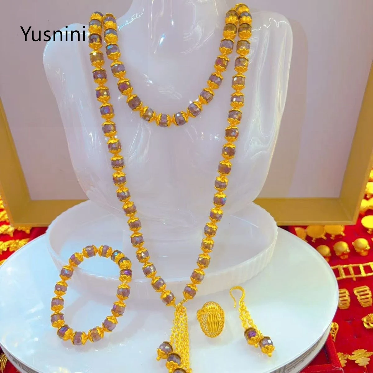 

New EU Dubai Fashion 24K Gold Plated Necklace Ring Earrings Bracelet Delicate Engagement Party Jewelry Set for Lover