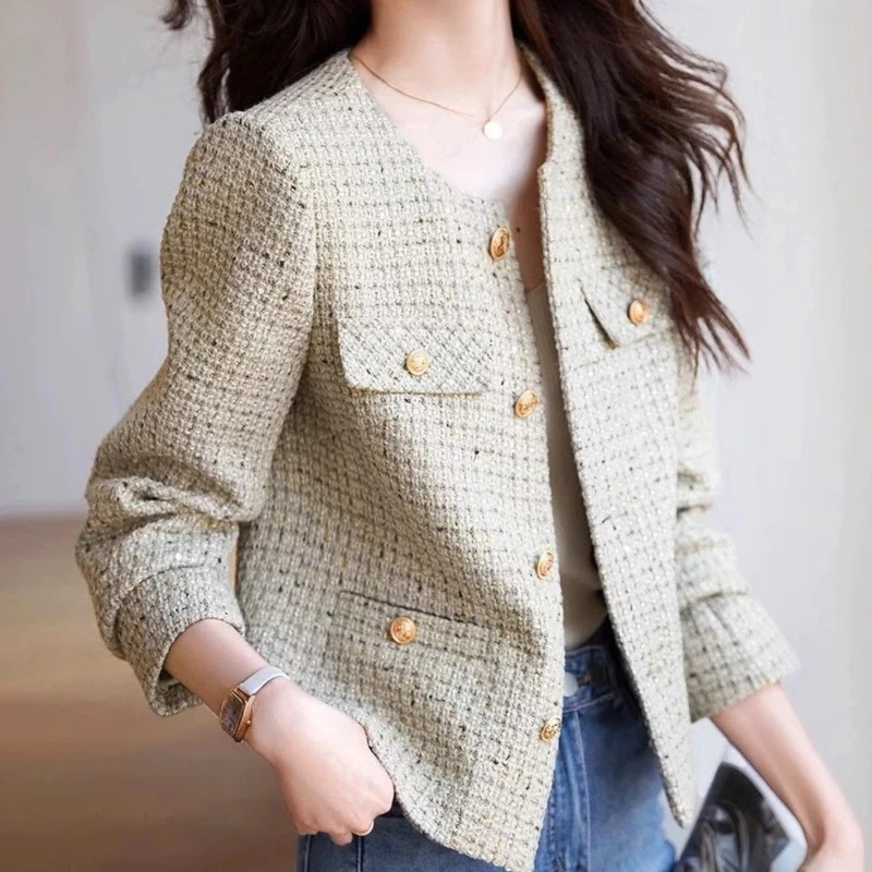 Korean Style Clothing Ladies Jackets Elegant Hot High Quality Luxury Cheap Splicing New In Women's Wool & Blends Coat Round Neck