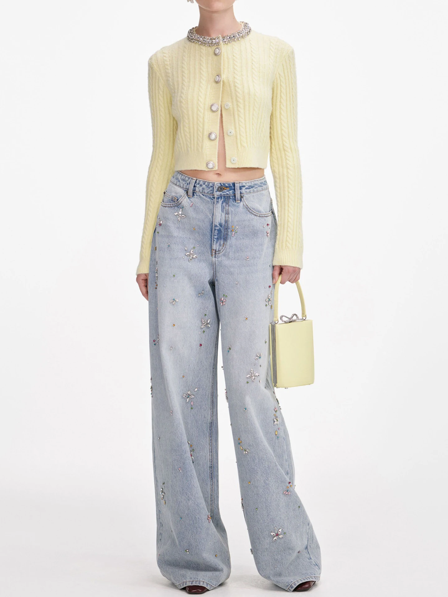 

High Waist Wide Leg Denim Jeans Women's Premium Summer Fashion Heavy Rhinestone Ironing Diamond Women's Casual Jeans