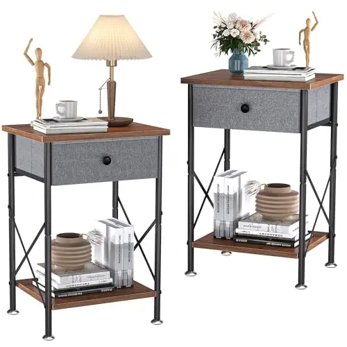 

Прикроватные тумбочки VECELO, современная прикроватная тумбочка с тканевым ящиком и открытой полкой, тумбочка для спальни и гостиной, из металла в индустриальном стиле