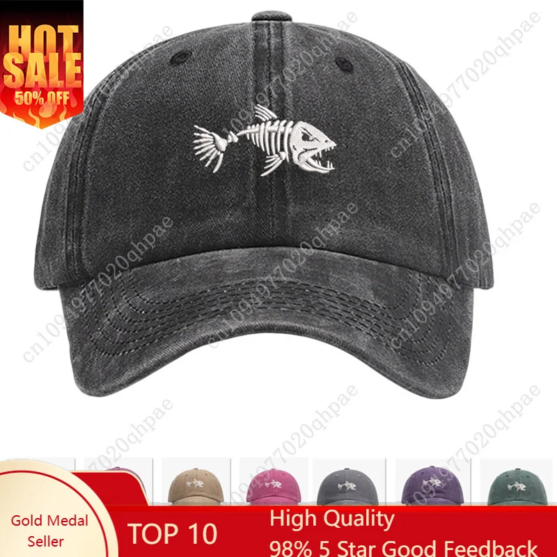 

Embroidered Skullfish Fish bone vintage soft Baseball caps Men Women Water Washed Hat Sports Fishing Summer Autumn Peaked cap
