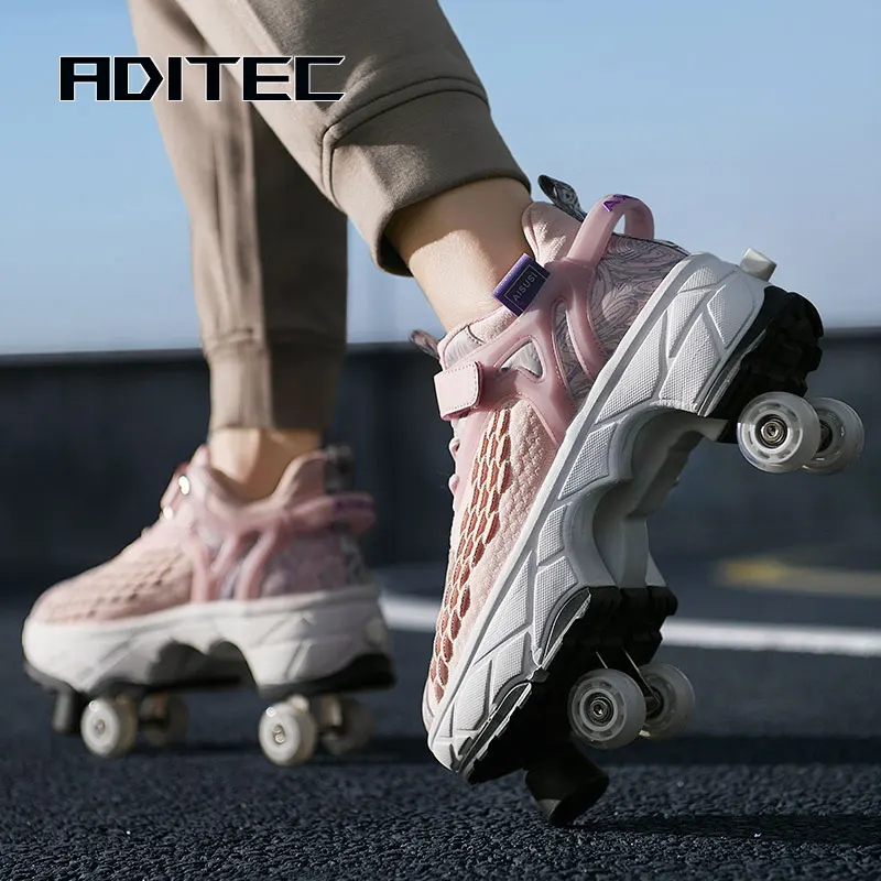 Pu Leather Four-Wheel Roller Skate Shoes Casual Deformation Parkour Sneakers For Rounds Adult Kids Of Running Sport Shoes