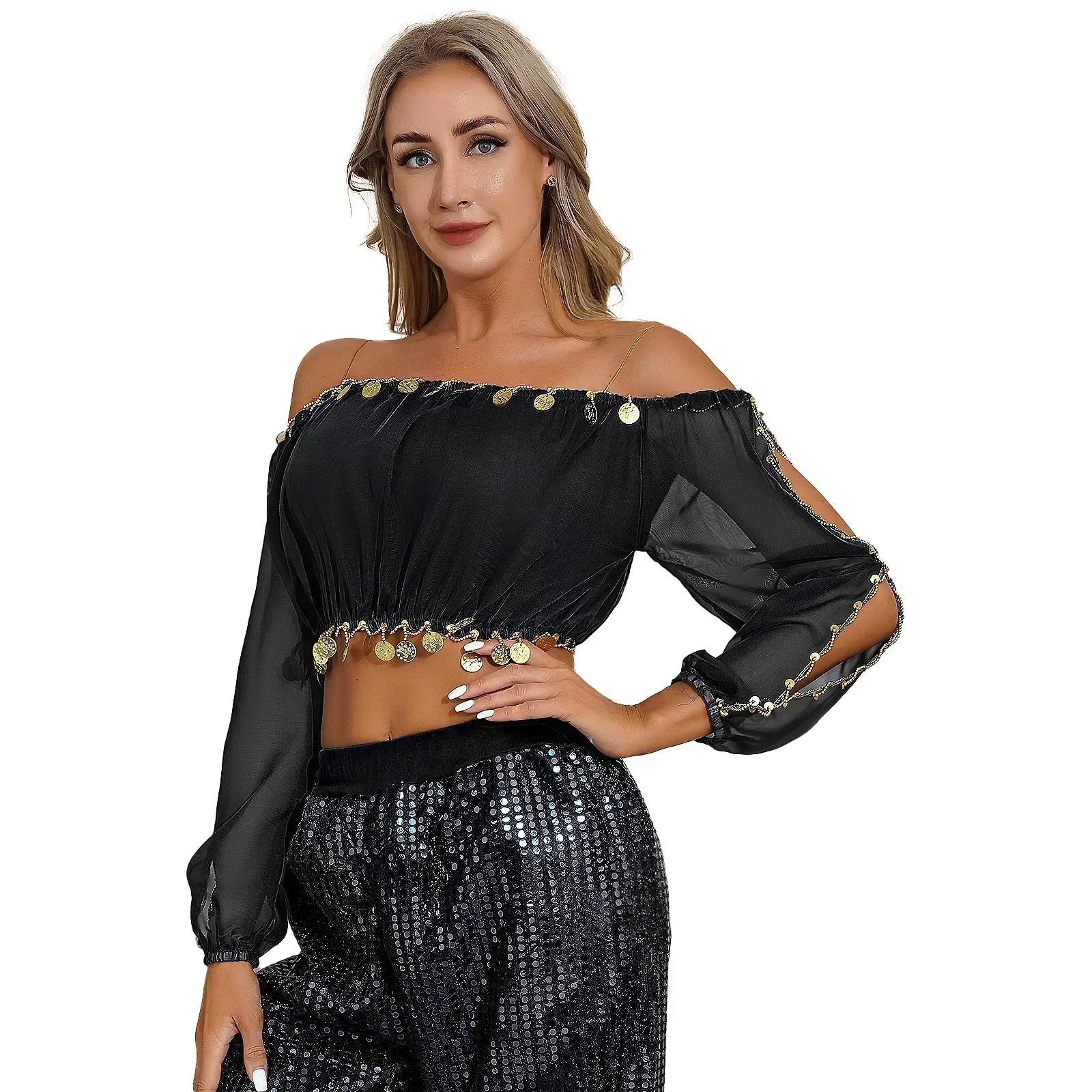 Womens Belly Dance Wear Performance Tops Sequined Beaded Split Long Puff Sleeve Crop Top Halloween Theme Party Carnival Costumes