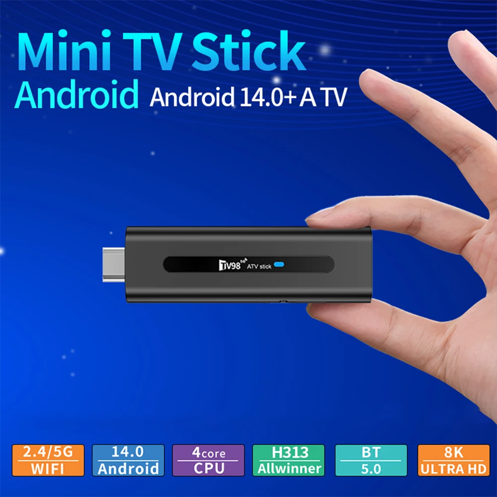 TV98 ATV H313 Android TV Stick 14.0 8K 2.4G/5G WiFi Quad Core BT5.0 Set Top Box Smart TV Stick for Network Media Player