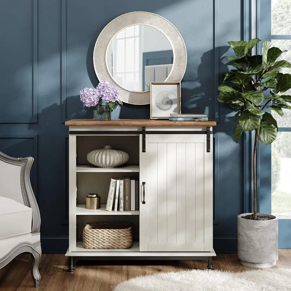 35 خزانة بوفيه خشبية بباب الحظيرة المنزلقة مع رف قابل للتعديل وأرجل معدنية للمطبخ وغرف الطعام #4