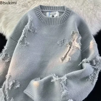 2026 Street Style Broken Holes Sweaters for Men Autumn Winter Thick Knitted O Neck Pullovers Vintage Casual Couple Sweater Coats