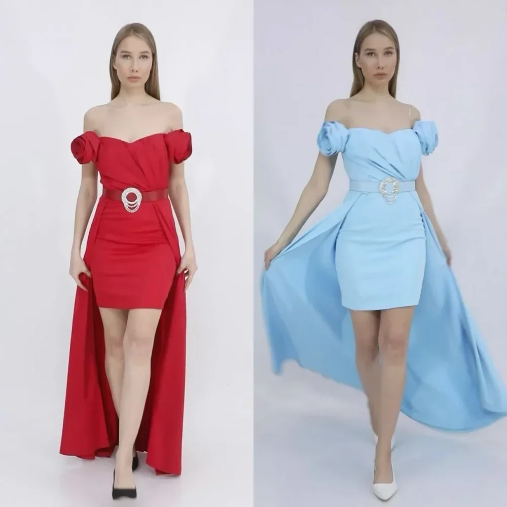 

Customized Jersey Flower Sash Ruched Birthday A-line Off-the-shoulder Bespoke Occasion Gown Long Dresses