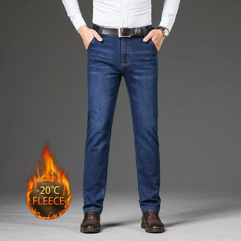 Осень-зима, теплые мужские джинсы, флисовые утолщенные эластичные черные, синие деловые прямые повседневные джинсовые брюки, брендовая мужская плюшевая одежда