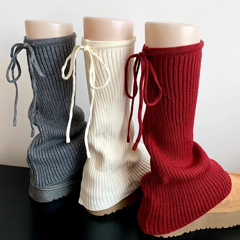 Sweet Ballet Strappy Wide Leg Socks Knitted Strappy Stockings Winter Warm Jk Leggings Y2K Bow Pile Socks Korea Women Calf Socks