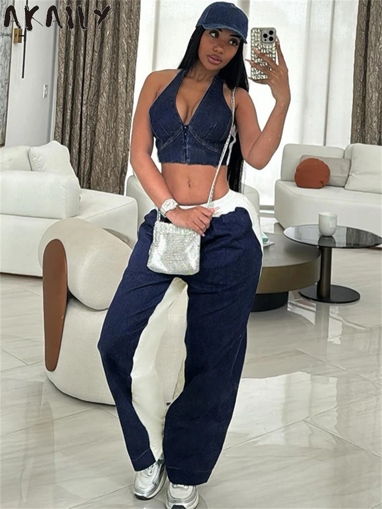 

Akaily Autumn Street Trendy Denim Patchwork 2 Piece Pants Set Club Outfits Women 2024 Sexy Halter Tank Tops+Casual Sweatpants