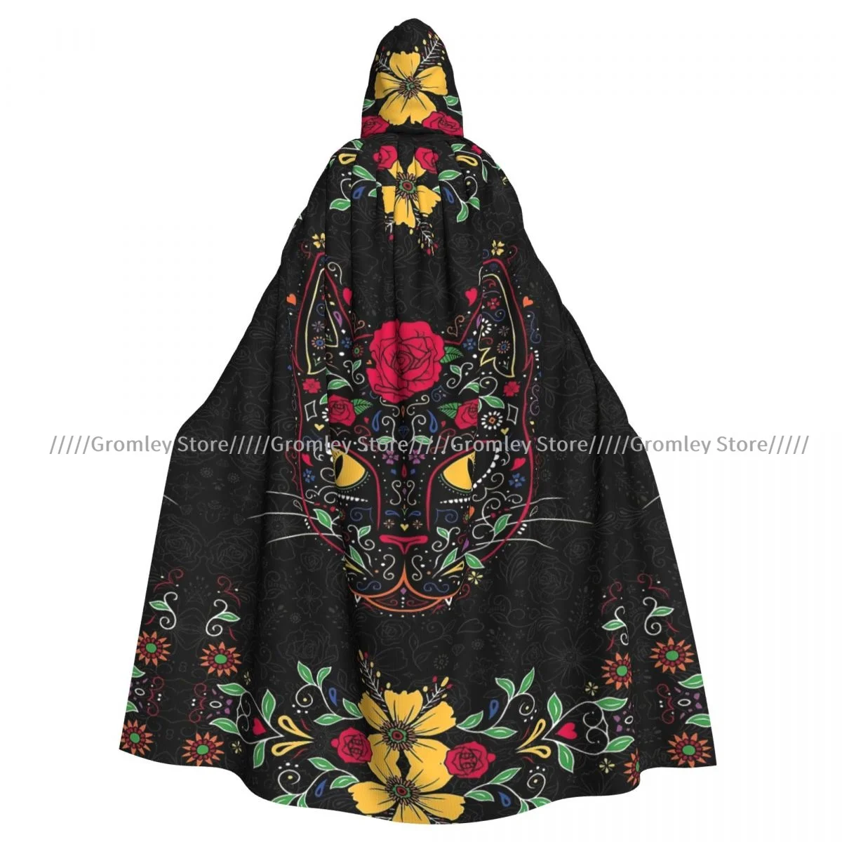 Kitty Cat Day Of The Dead Skull Witch Cloak Halloween Cosplay Costume Adult Unisex Cloak Retro Ages Cape