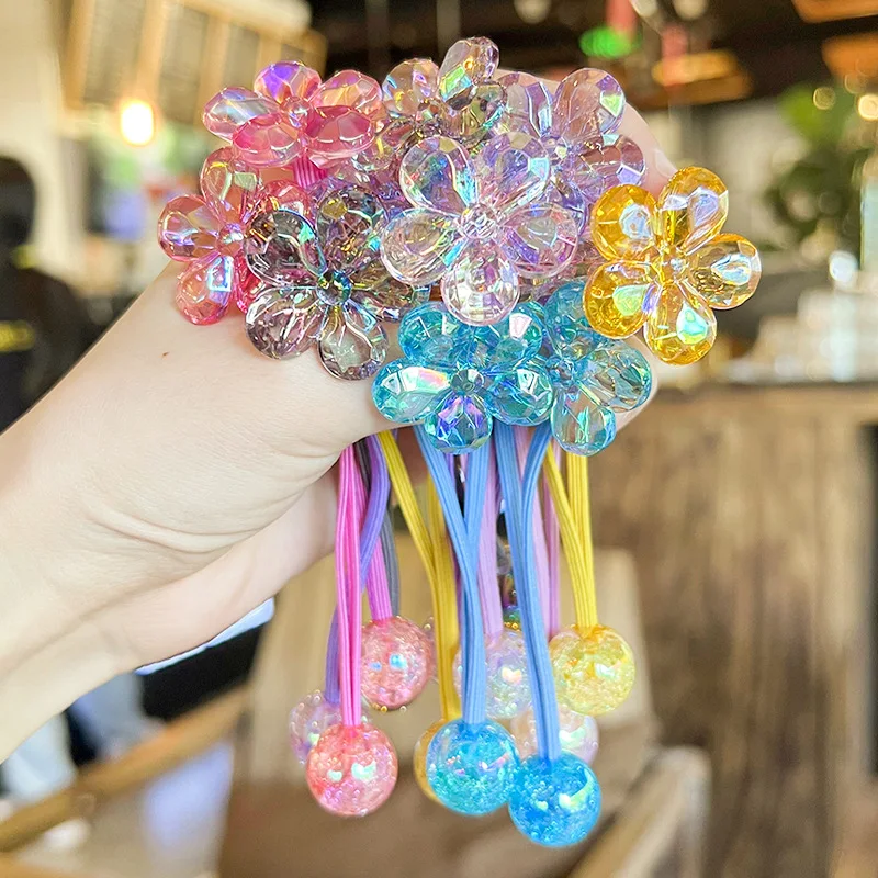 2pcs/lot Solid Flower Burst Glittering Powder Round Ball Long Elastic Hair Band For Girl Children Cute Kawaii Fancy Rubber Ties