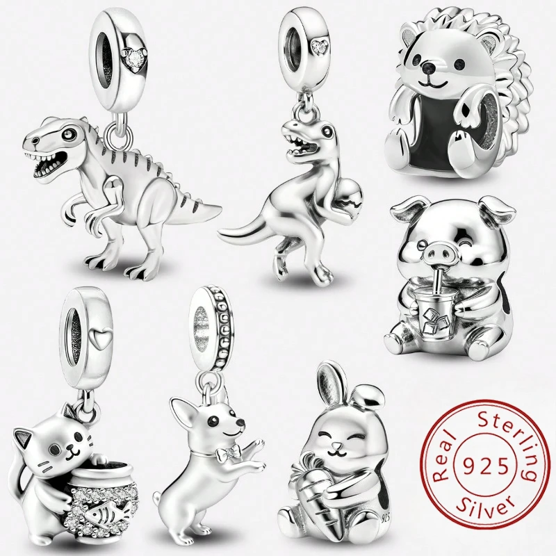 

Бусины-шармы из стерлингового серебра 925 пробы: Ежи, Динозавр, Животные, Собака (серия Spot Dog) для оригинальных браслетов, высококачественные, для самостоятельного изготовления украшений