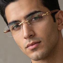 High Quality Original Wood Rimless Eyeglasses Frame for Men Vintage Rectangle Diopter Glasses Flexible Big Head Eyewearing