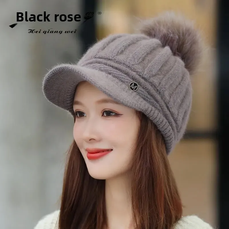 Korean Style New Women's Solid Color Warm Knit Baseball Cap With Fleece Lining Autumn/Winter Ear Protection Face Exposure