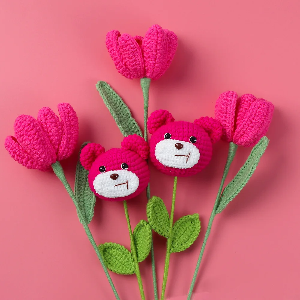 Handmade Knitted Artificial Bear Bouquet Flowers for Home Decor Colorful Tulip Flower for Vase Handmade Mother's Gift Wholesales