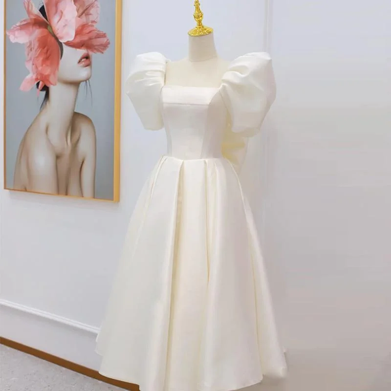 Robes d'invité mi-longues personnalisées pour femmes, robe de soirée blanche, nœud au dos élégant, manches courtes bouffantes, robe de soirée sexy, été