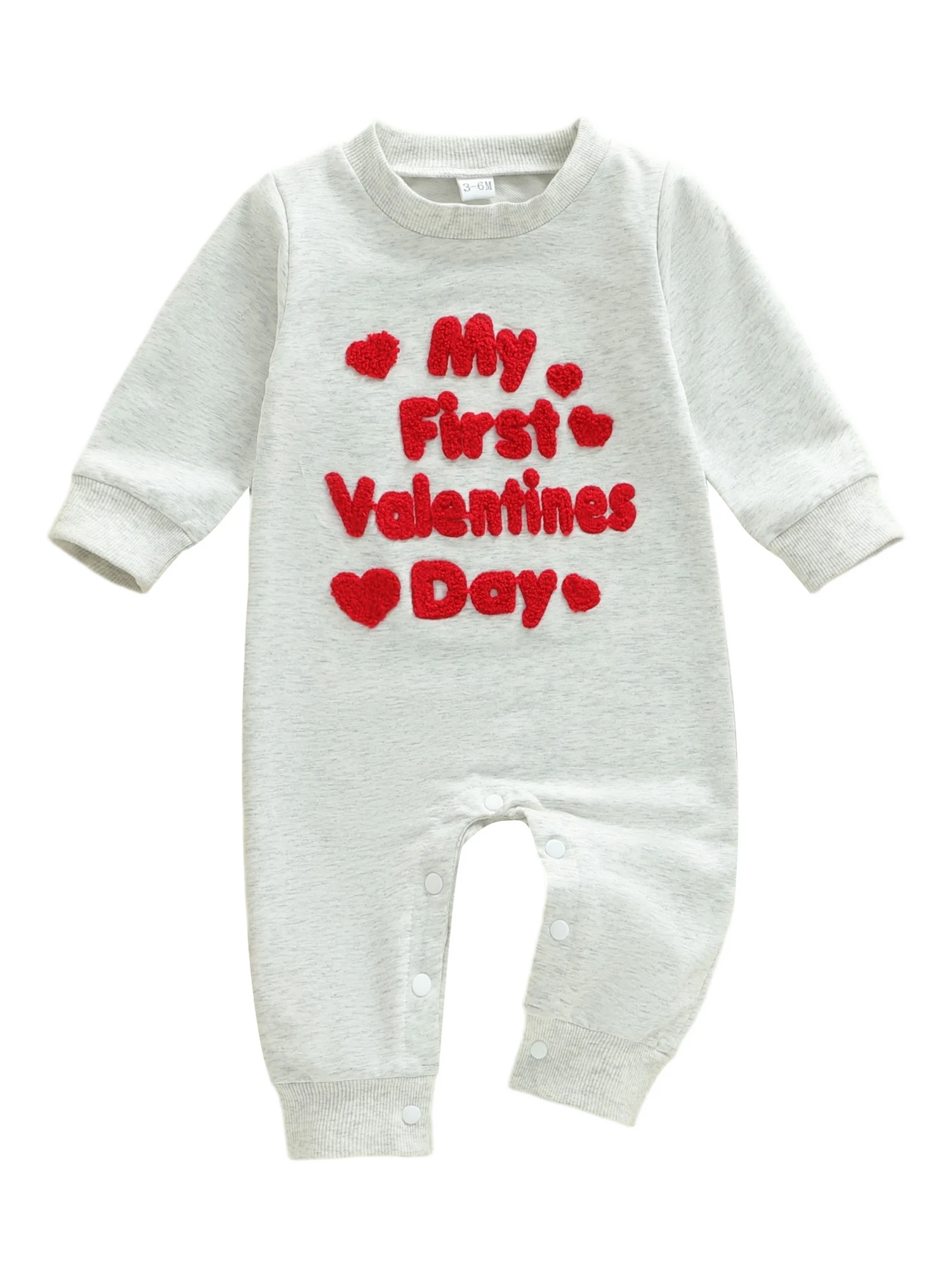 عيد الحب الأول للرضع مع تطريز على شكل قلب وأكمام طويلة ورقبة دائرية وتصميم كامل الطول