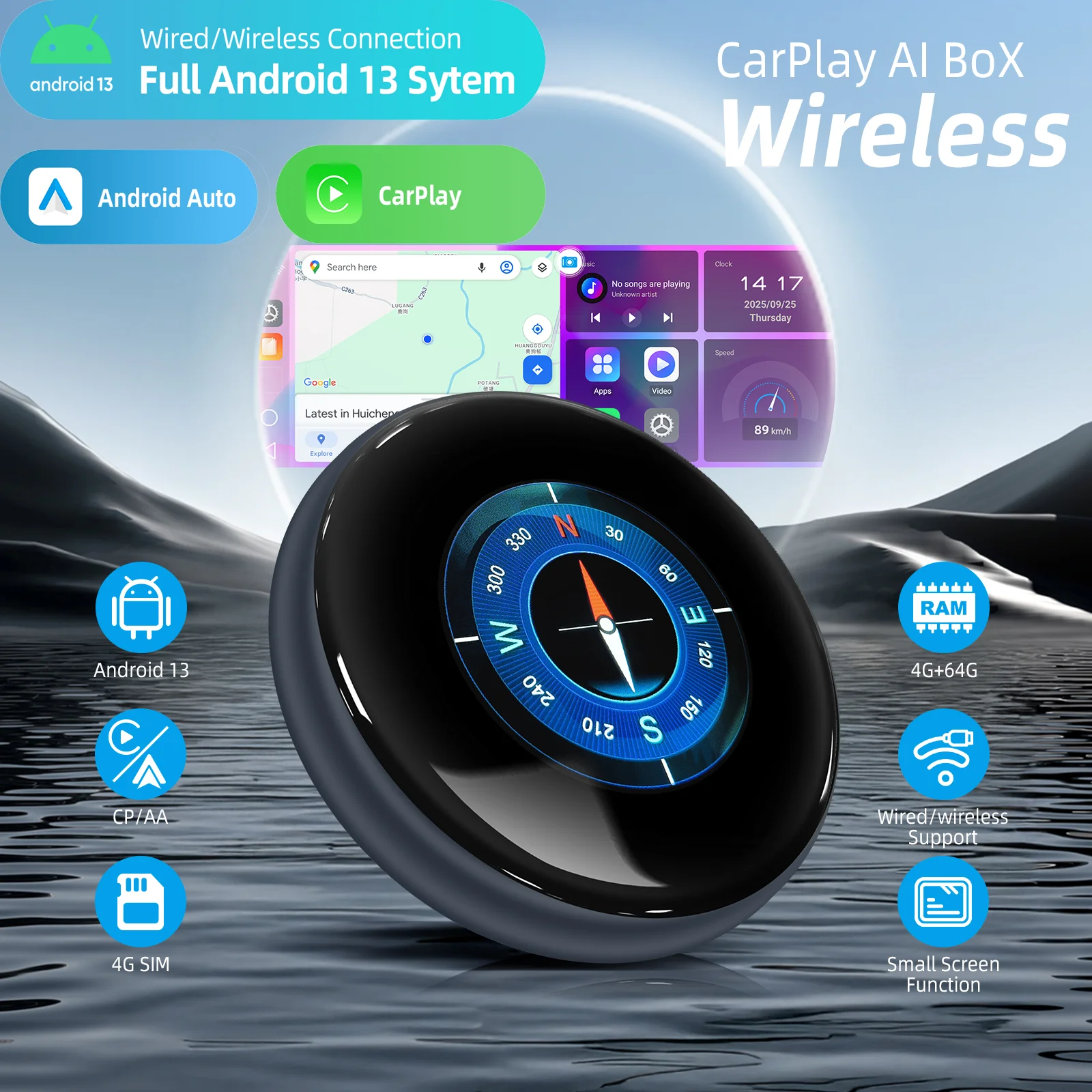 Ezonetronics Wireless CarPlay AI Box Support factory system with both wired/wireless Android 13 4+64GB, Dual Wi-Fi,4 Sim Card