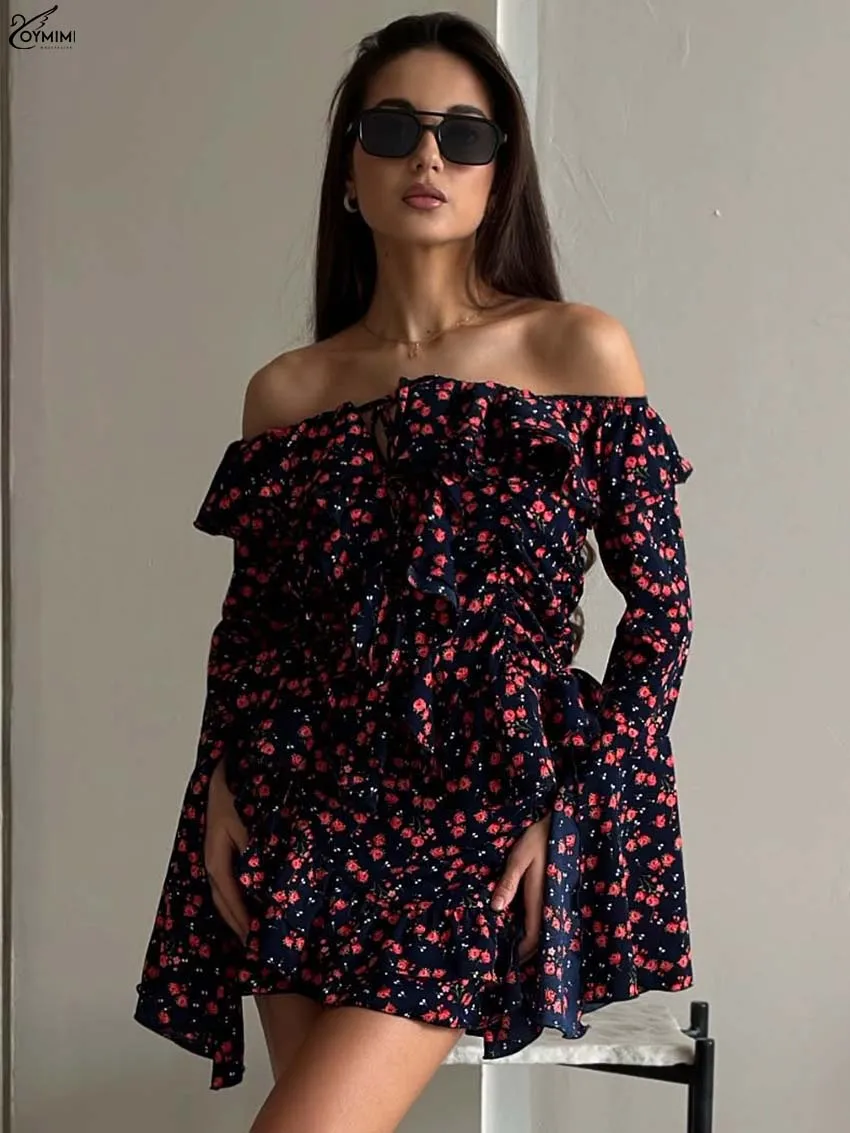 

Oymimi Элегантный женский комплект из двух предметов с черным принтом, модные рубашки без бретелек с рюшами и длинными рукавами на шнуровке и тонкие комплекты мини-юбок