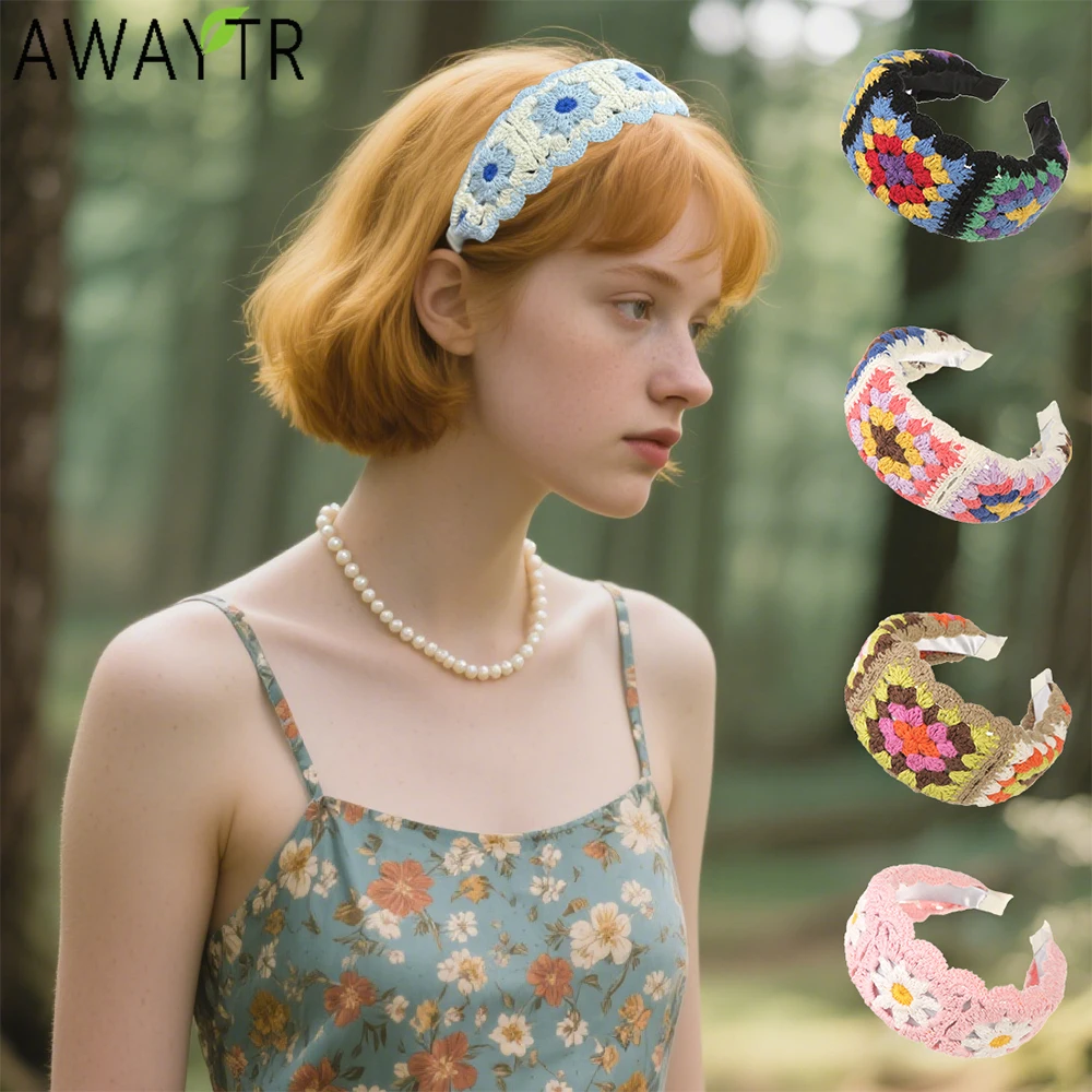 

AWAYTR Crochet Spliced Flower Headbands Fashion Fabric Floral Wide Headband Plastic Hair Accessories For Women Trends