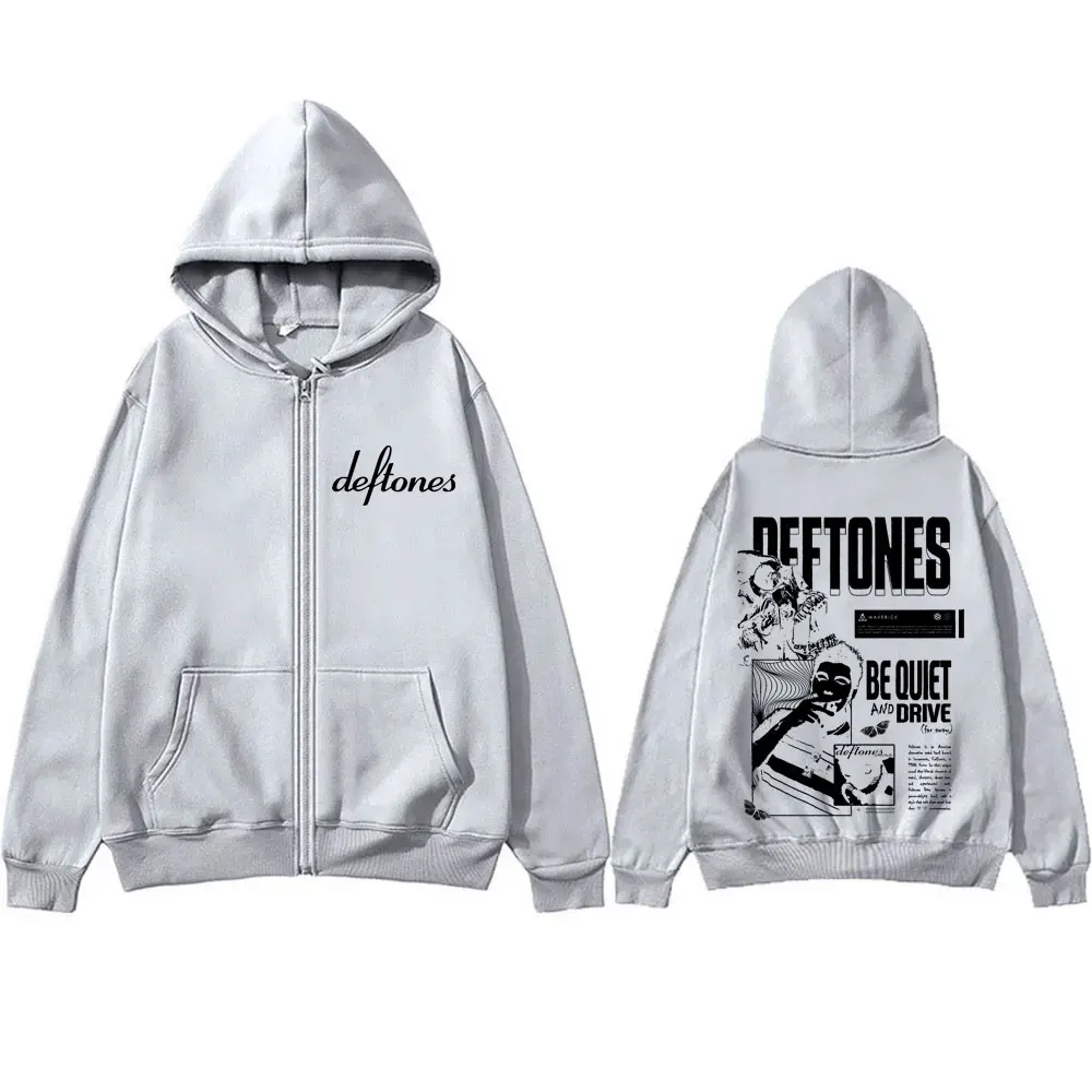 Band Rock Deftones Di Sekitar Bulu Tenang dan Berkendara Cetak Ritsleting Hoodie Pria Mantel Logam Alternatif Pria Jaket Ritsleting Antik