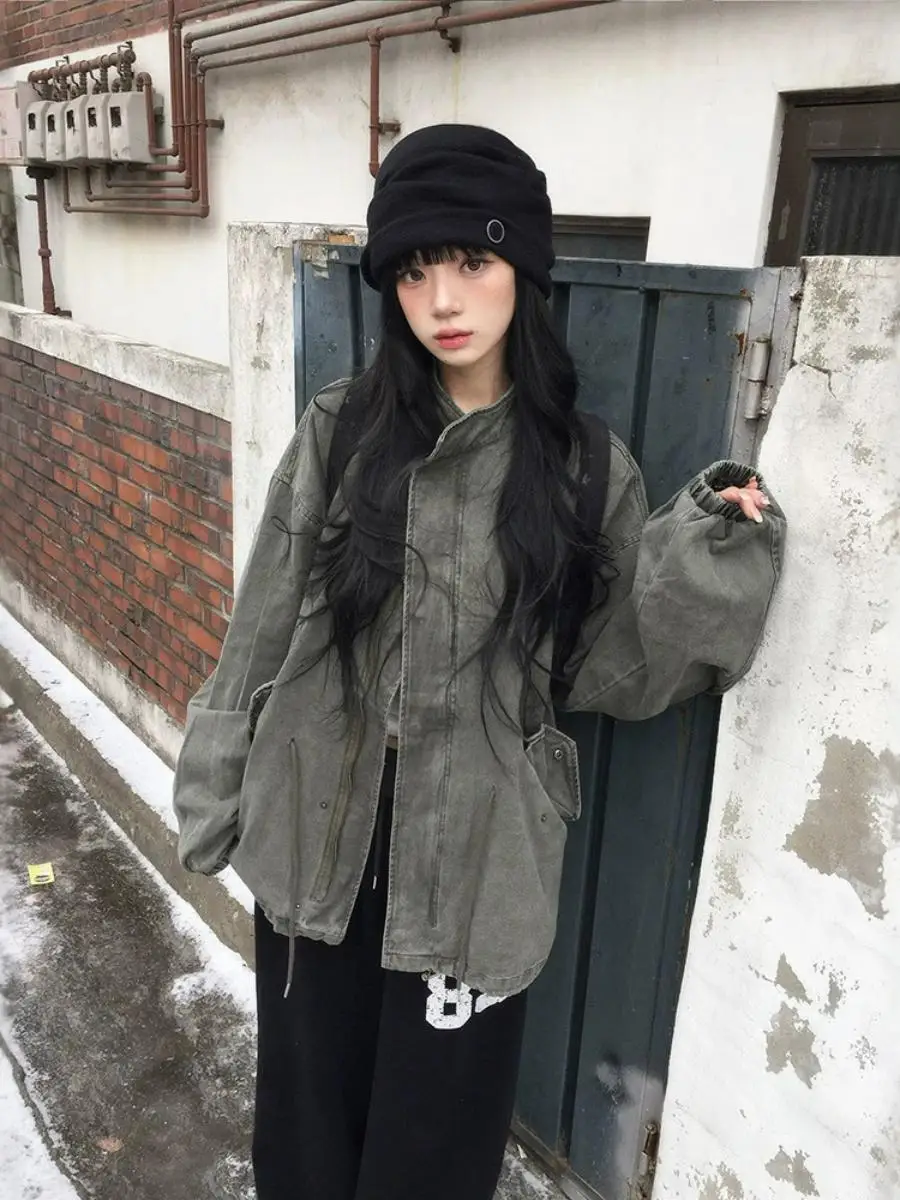 Washed Vintage Women's Short Jacket Loose Fit Drawstring Stand Collar Workwear Coat Comfortable Cotton Warm Long Sleeve